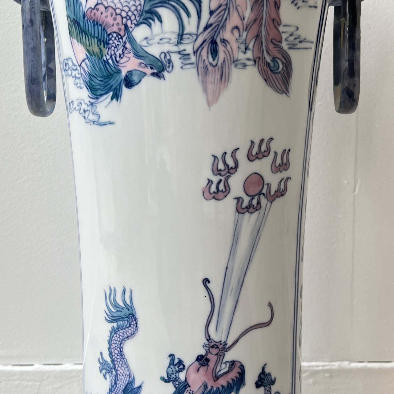 Chinese Porcelain Peacock and Dragon Tall Vase