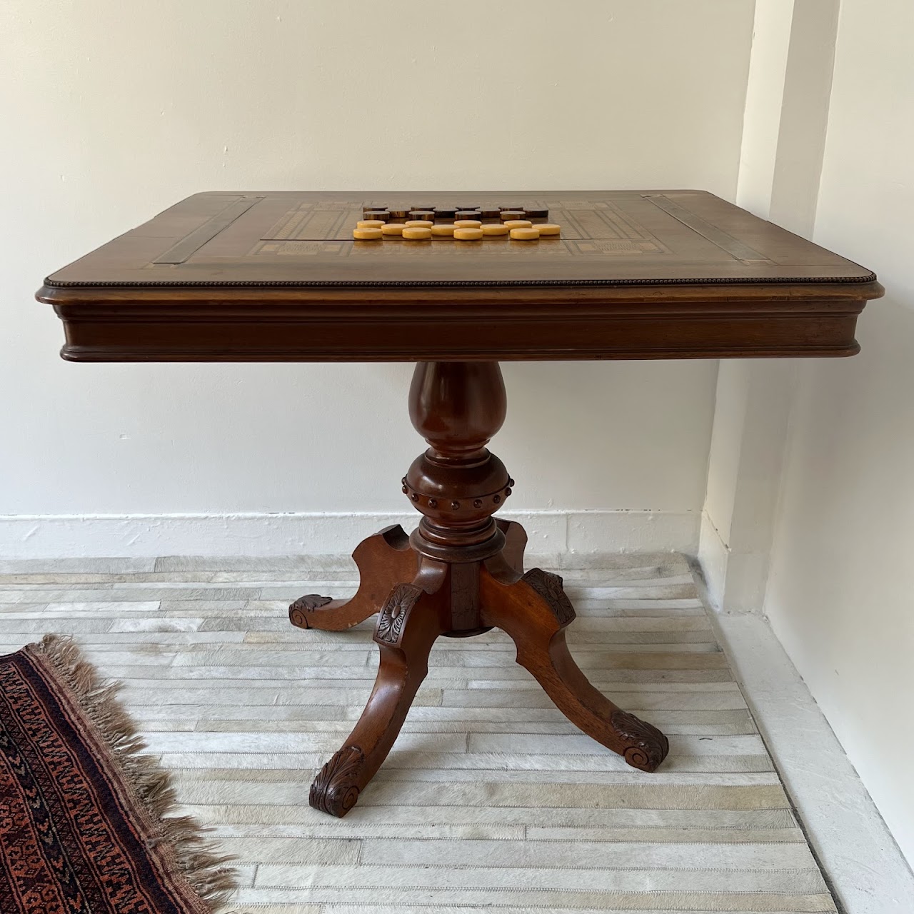 Parquetry Inlaid Mahogany Pedestal Top Game Table with Bakelite Checkers