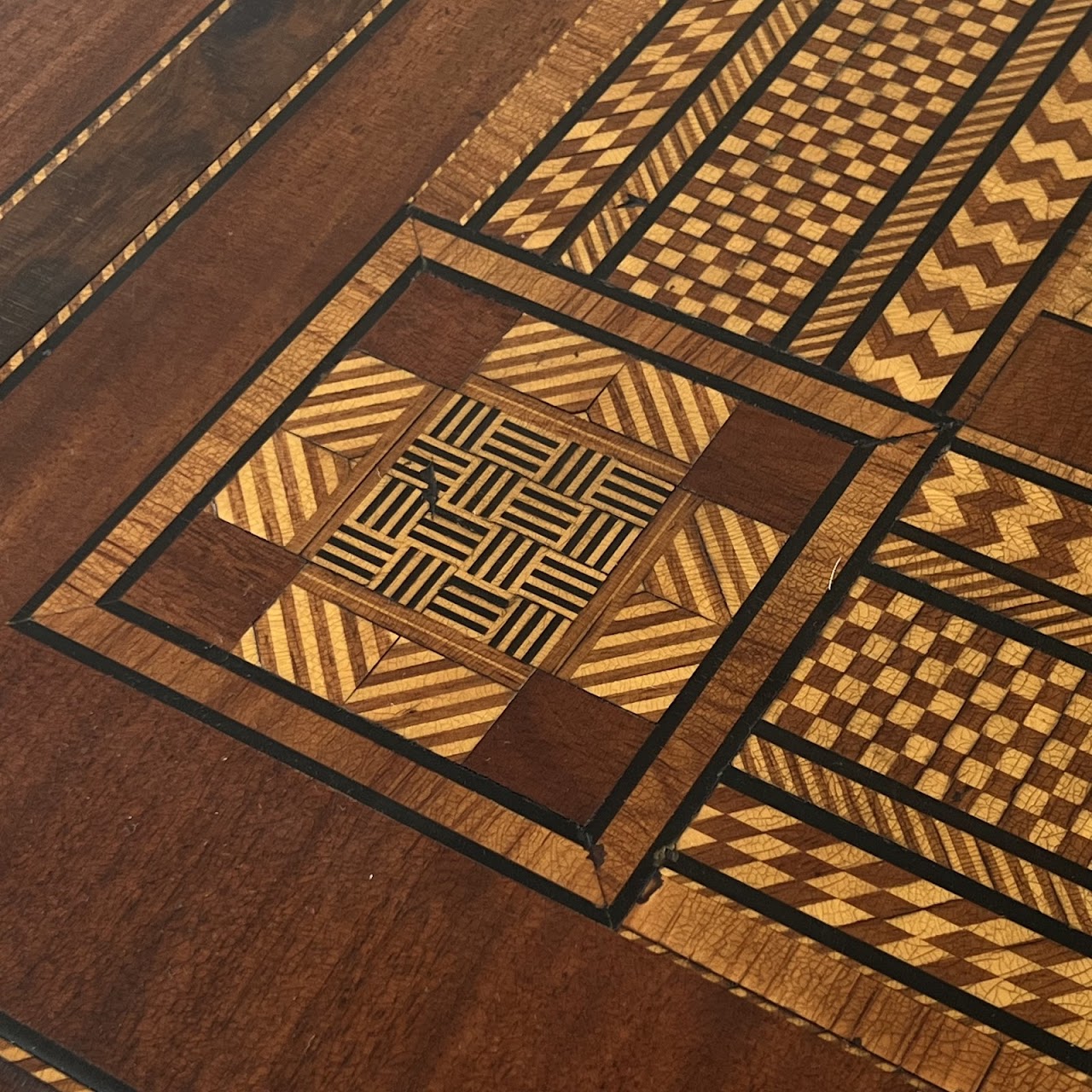 Parquetry Inlaid Mahogany Pedestal Top Game Table with Bakelite Checkers