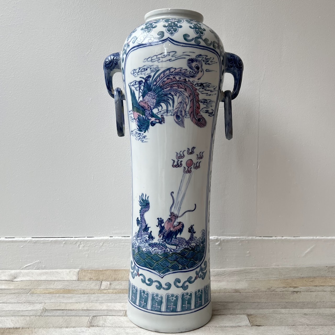 Chinese Porcelain Peacock and Dragon Tall Vase