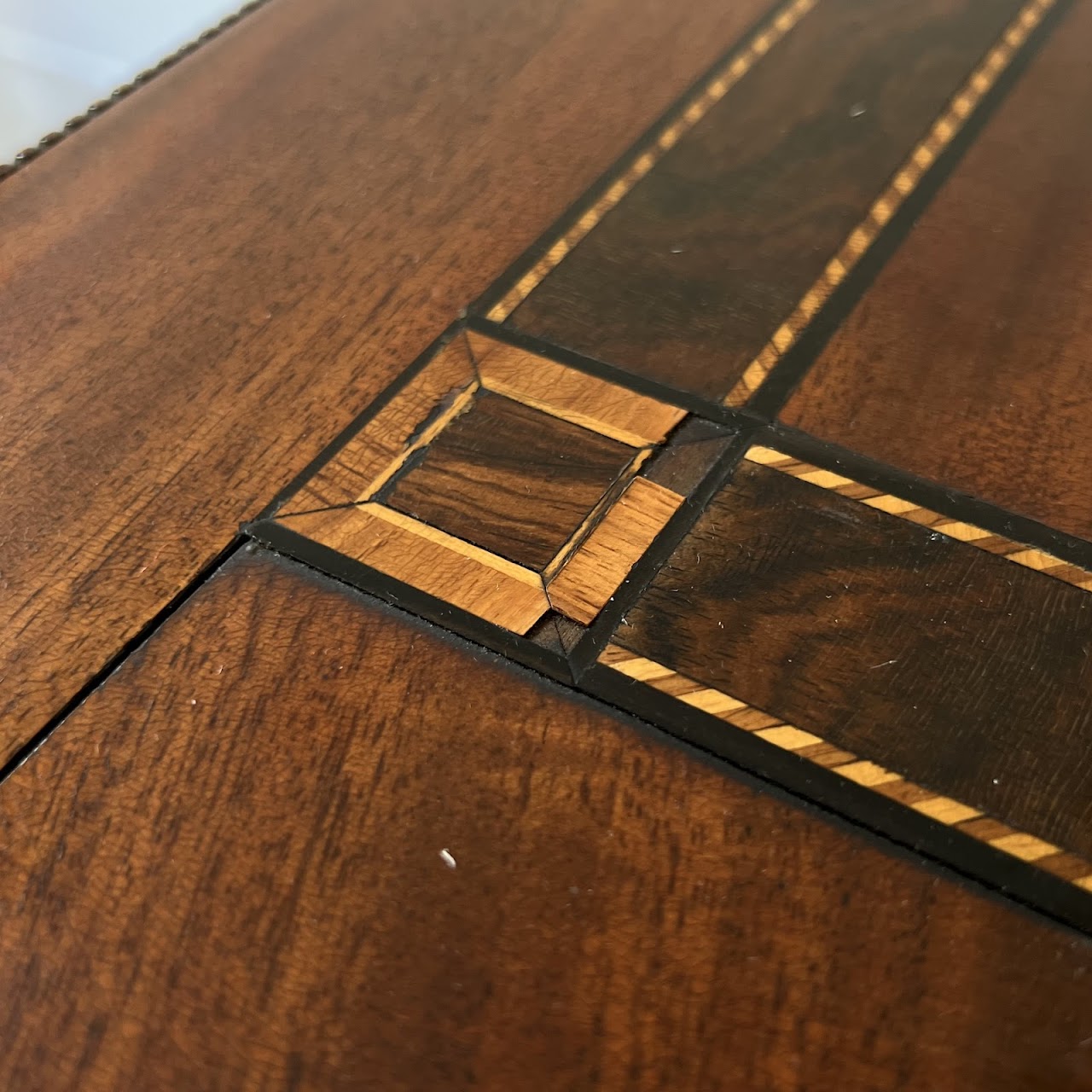 Parquetry Inlaid Mahogany Pedestal Top Game Table with Bakelite Checkers