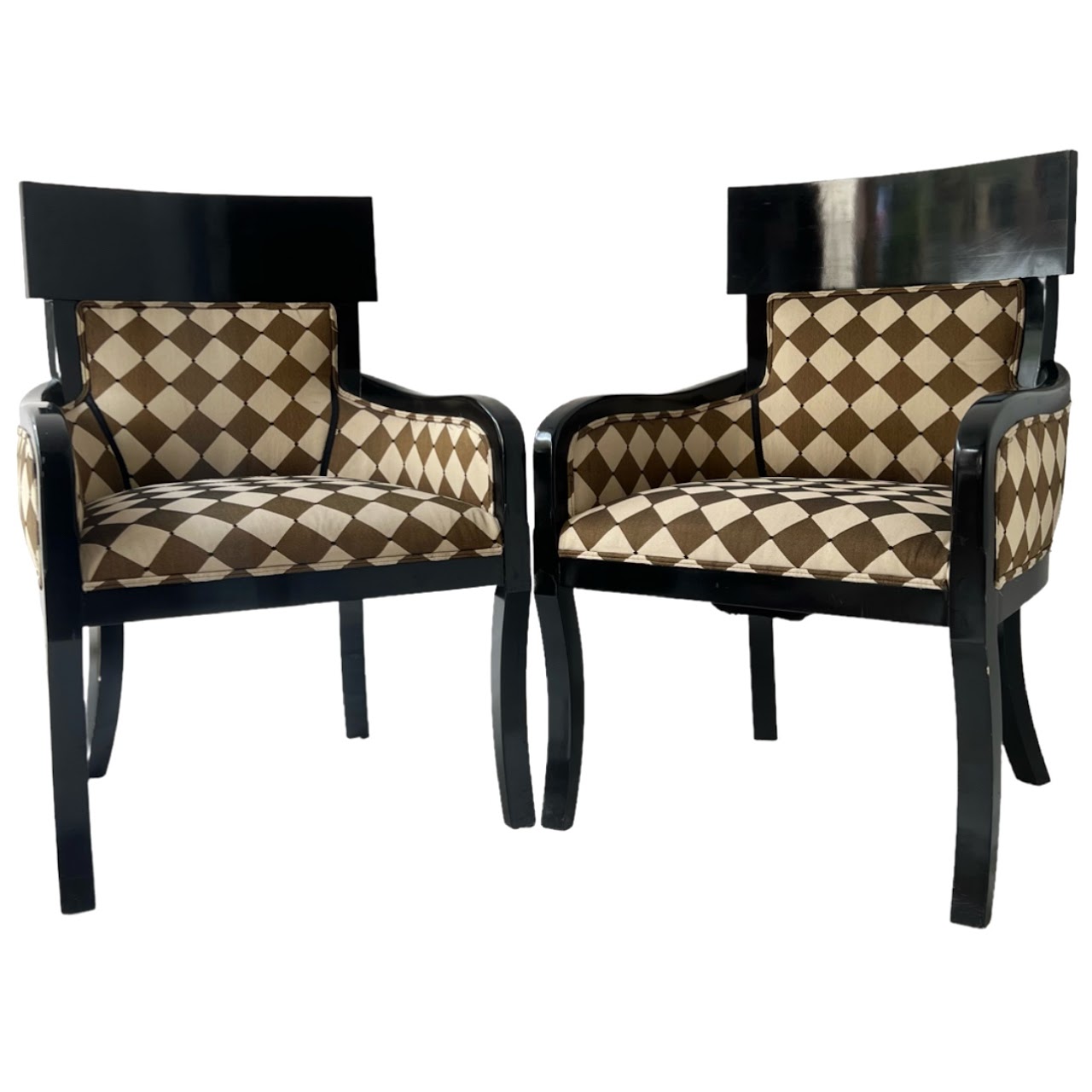 Milano Styles Post-Modernist Ebonized Alder and Diamond Check Jacquard Armchair Pair