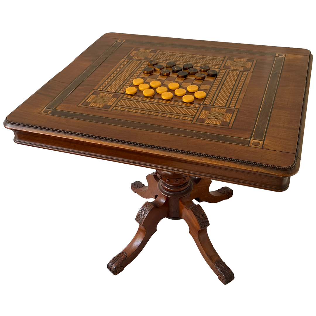 Parquetry Inlaid Mahogany Pedestal Top Game Table with Bakelite Checkers