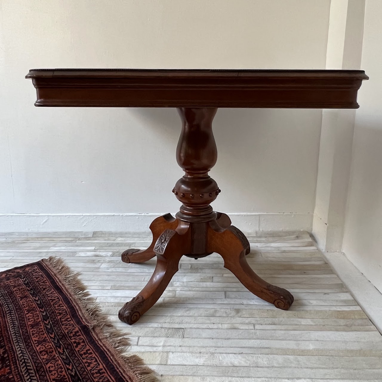 Parquetry Inlaid Mahogany Pedestal Top Game Table with Bakelite Checkers