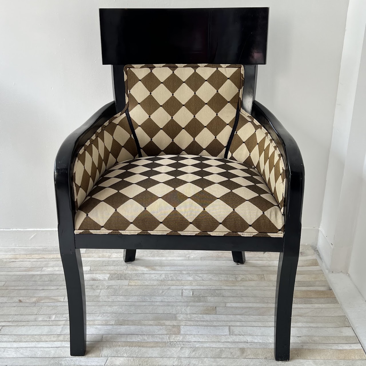 Milano Styles Post-Modernist Ebonized Alder and Diamond Check Jacquard Armchair Pair