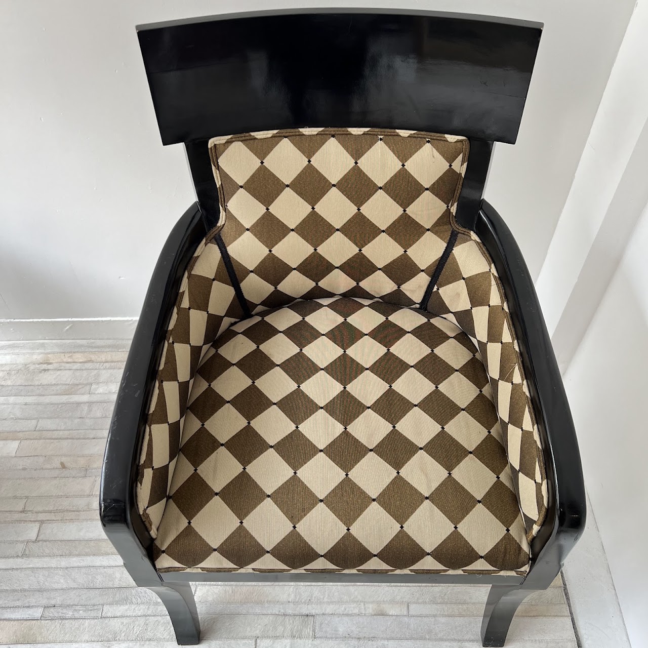 Milano Styles Post-Modernist Ebonized Alder and Diamond Check Jacquard Armchair Pair