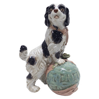 Staffordshire Spaniel on Ball Vintage Ceramic Sculpture