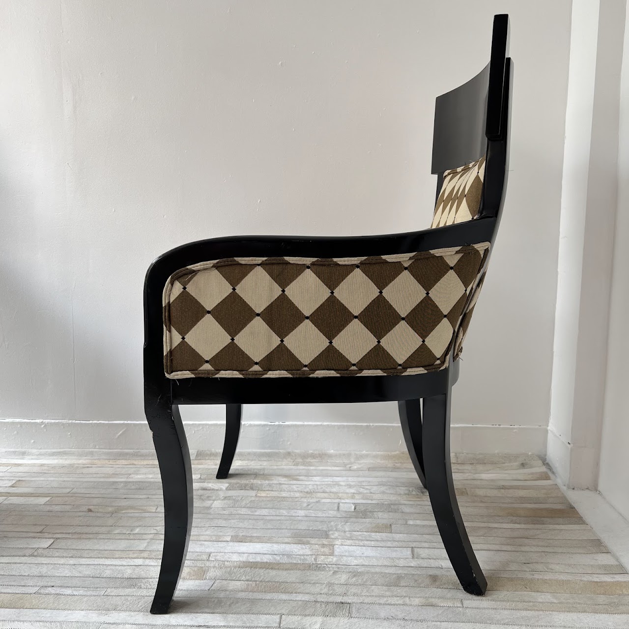 Milano Styles Post-Modernist Ebonized Alder and Diamond Check Jacquard Armchair Pair