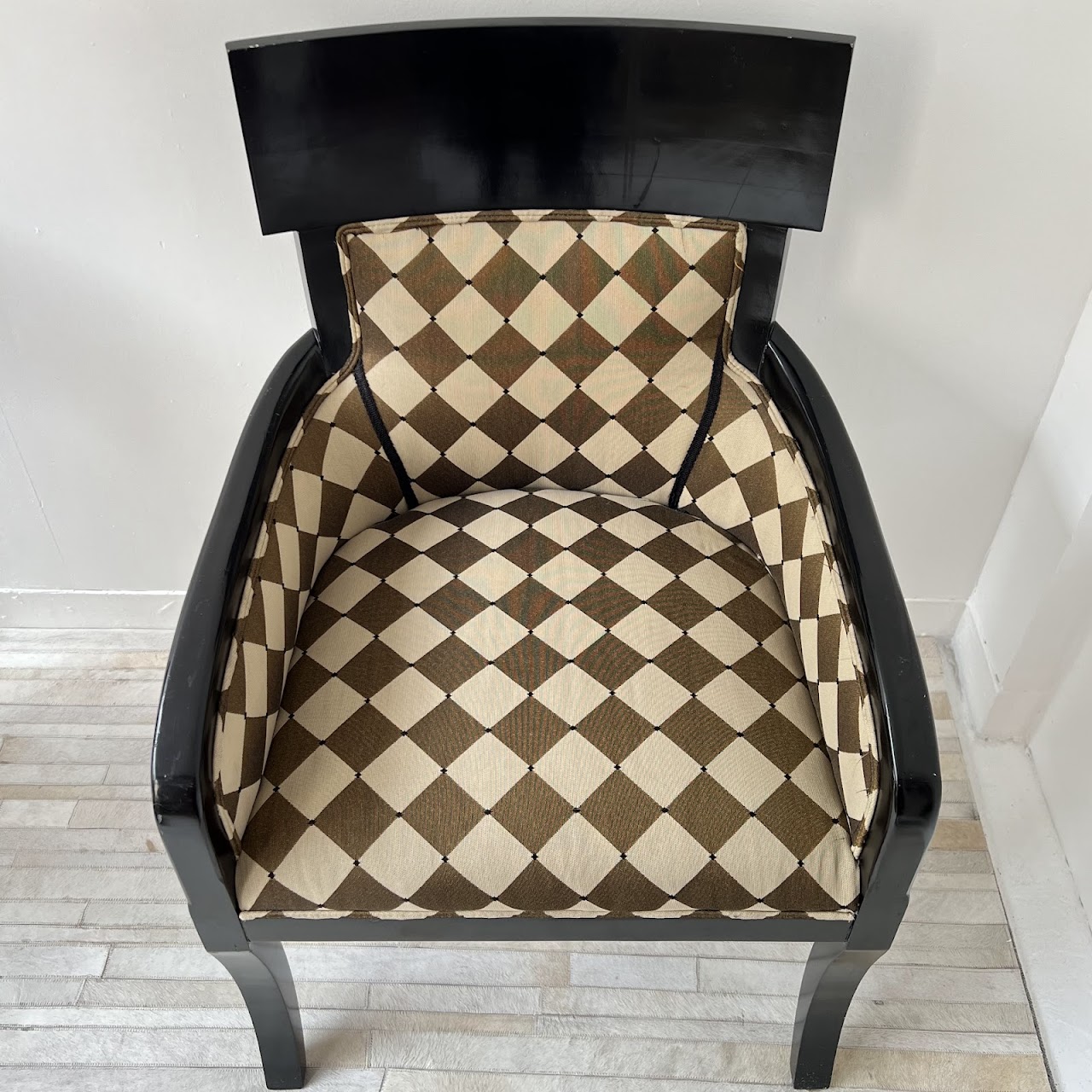 Milano Styles Post-Modernist Ebonized Alder and Diamond Check Jacquard Armchair Pair