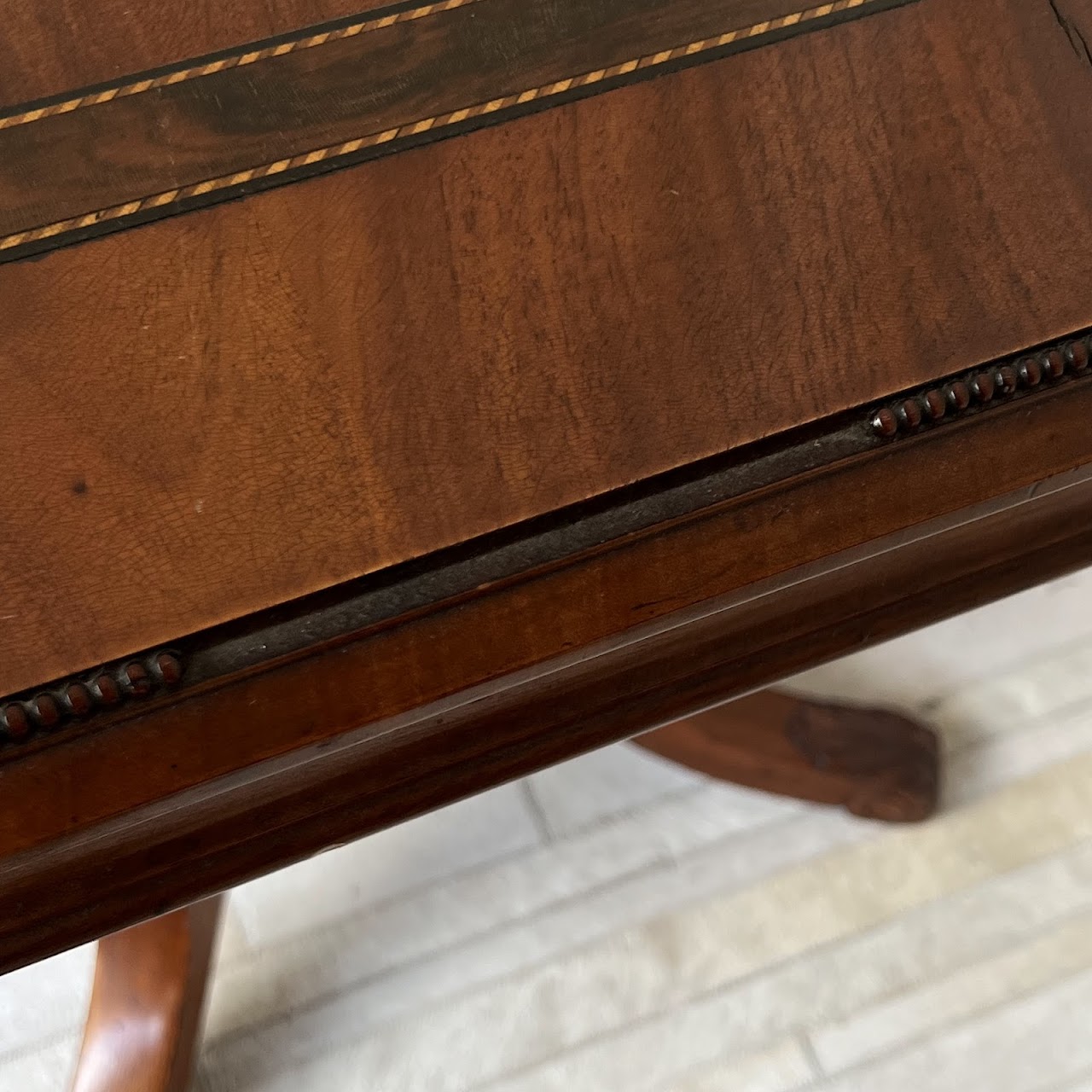 Parquetry Inlaid Mahogany Pedestal Top Game Table with Bakelite Checkers