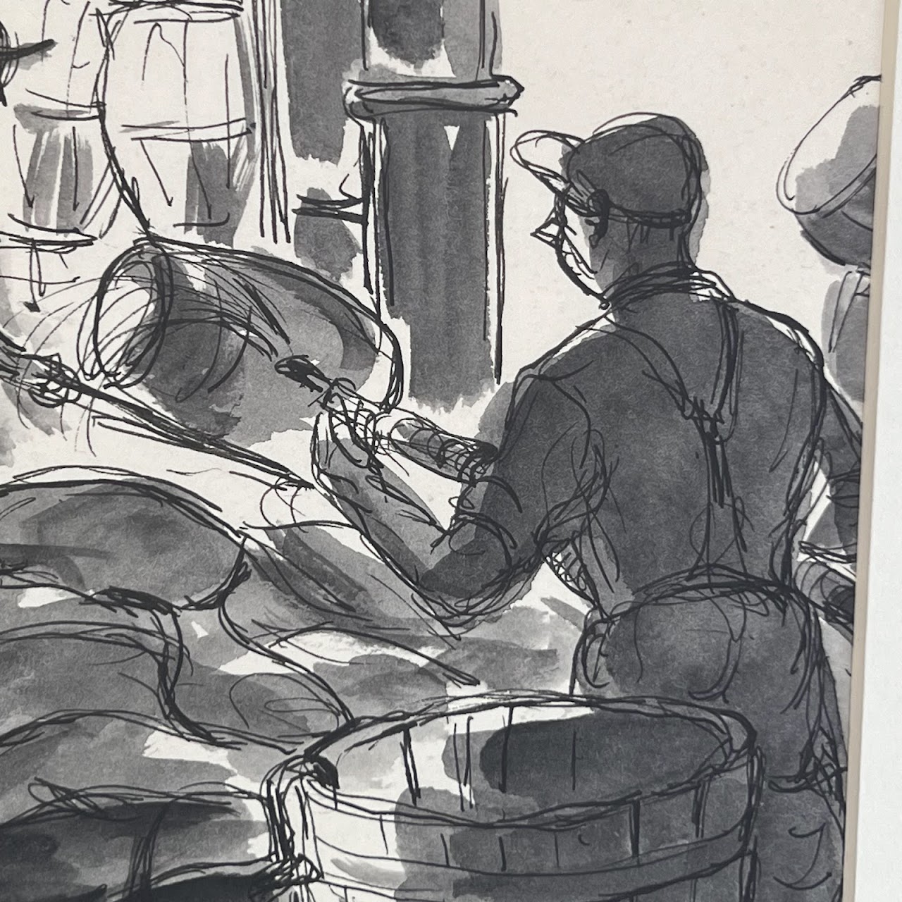 Norman Barr Signed 1940s Fish Market Scene Ink and Watercolor Drawing