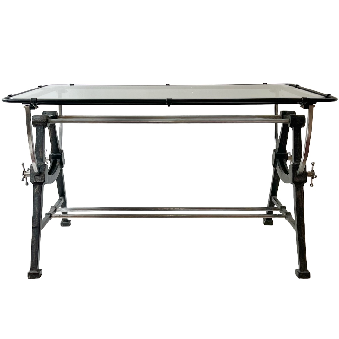 Nautical Style Cast Iron, Steel and Glass Tilt-Top Drafting Table