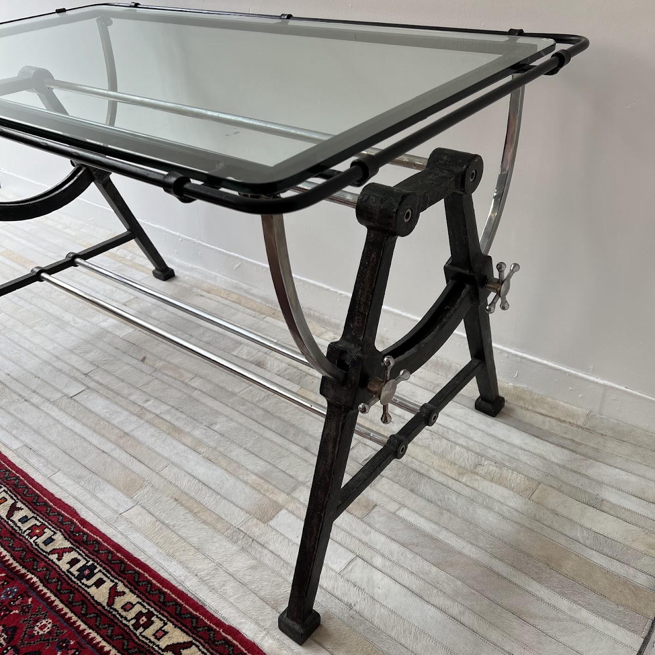 Nautical Style Cast Iron, Steel and Glass Tilt-Top Drafting Table