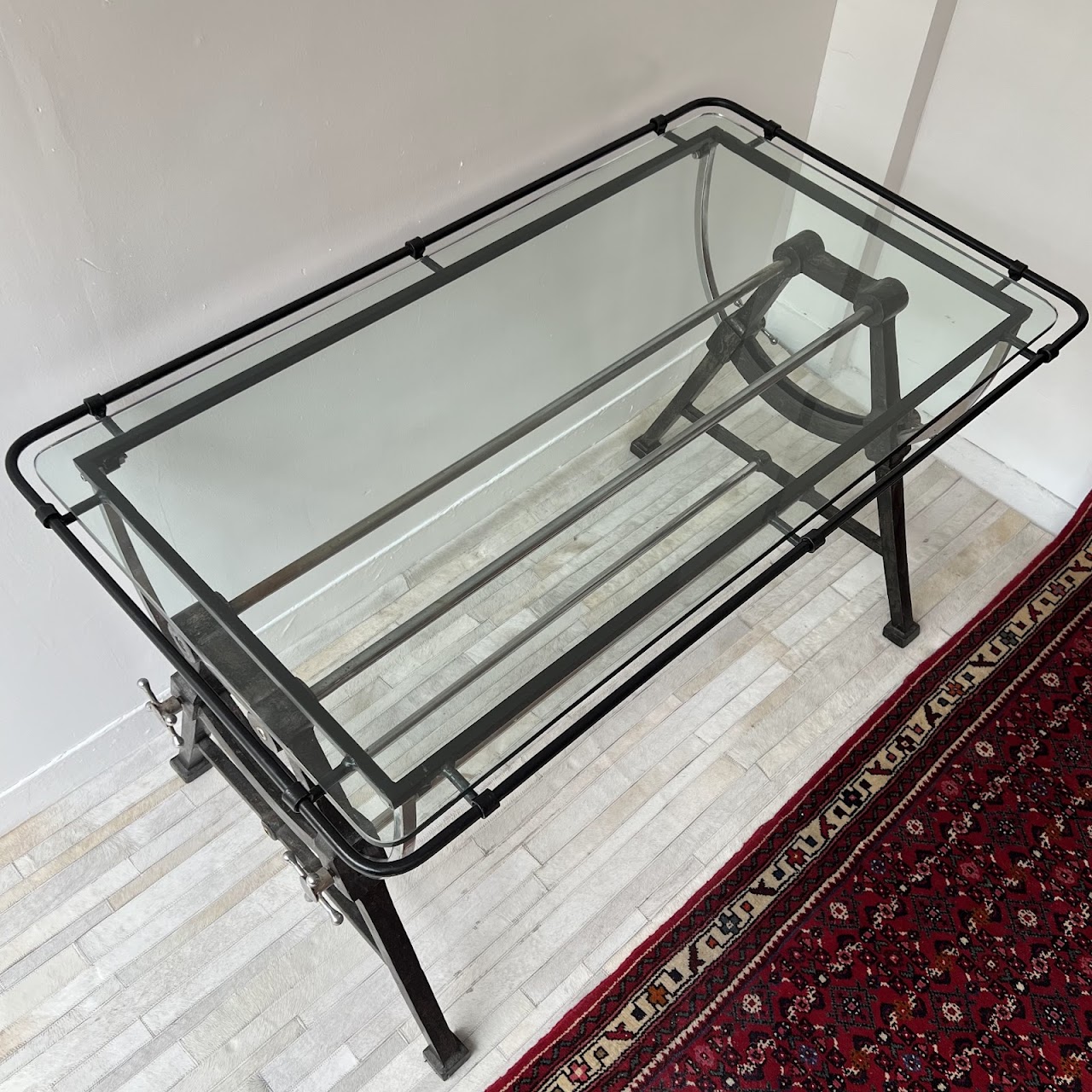 Nautical Style Cast Iron, Steel and Glass Tilt-Top Drafting Table