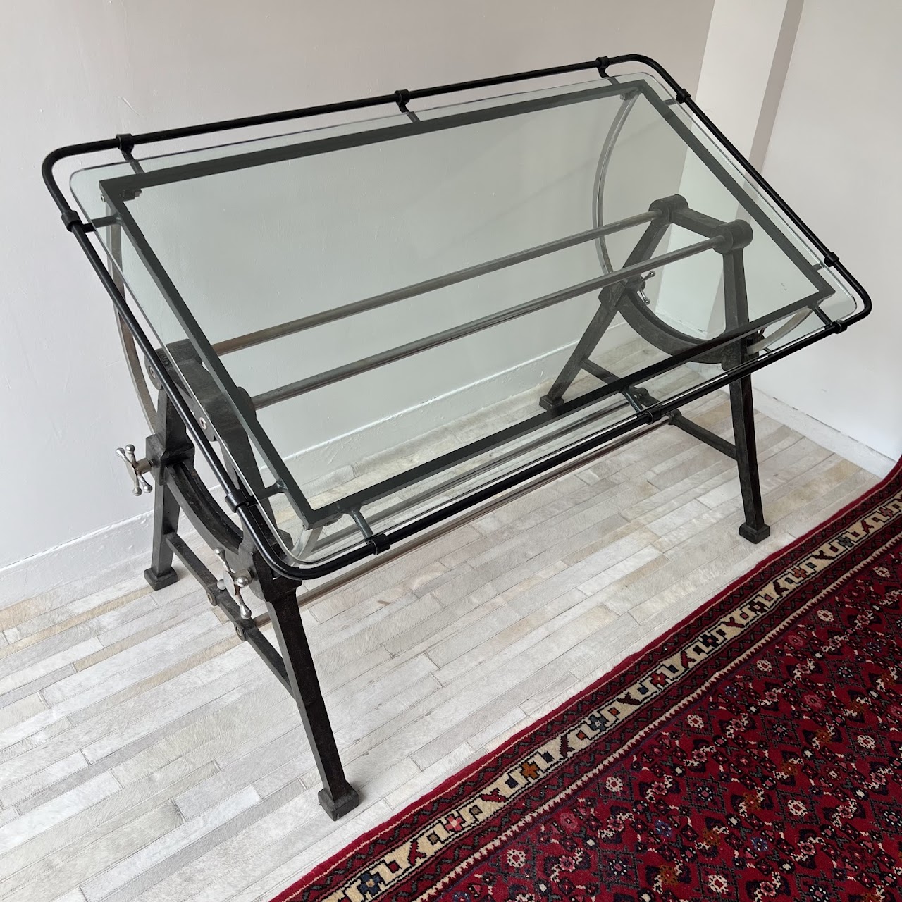 Nautical Style Cast Iron, Steel and Glass Tilt-Top Drafting Table