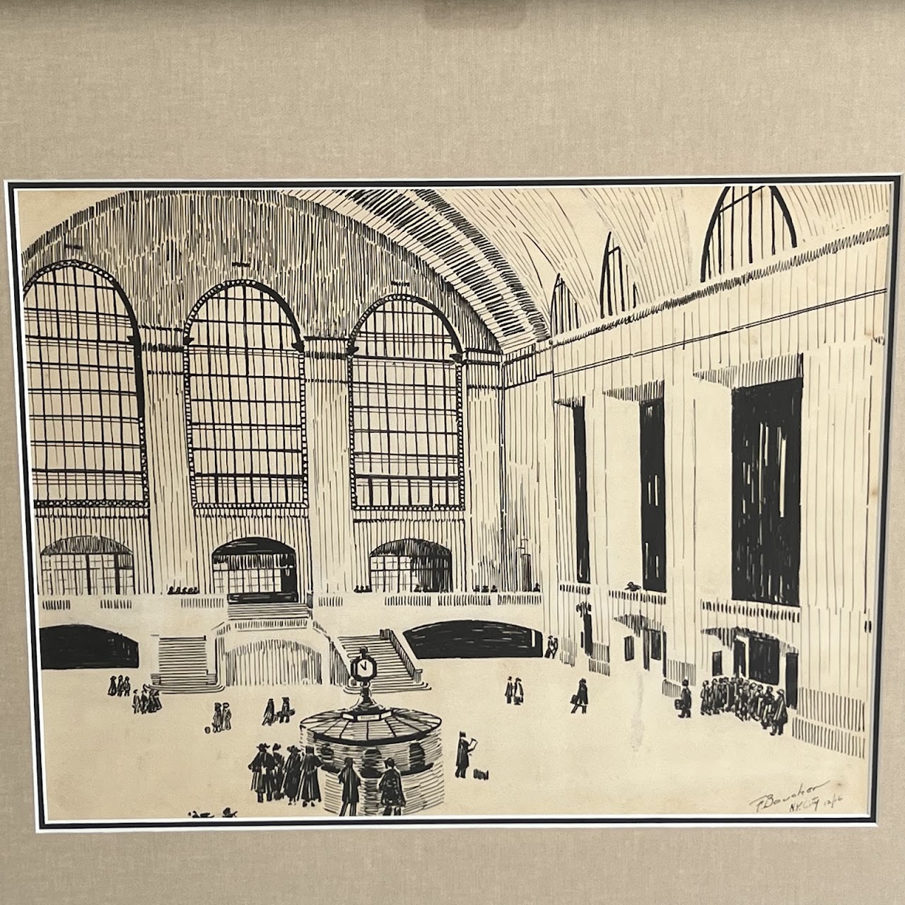 F. Boucher Signed Grand Central Terminal Ink Drawing, 1916