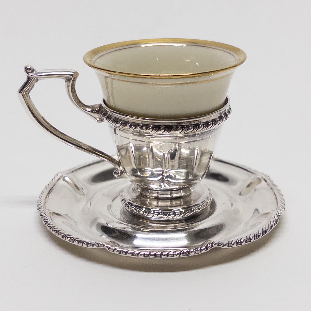 Sterling Silver and Porcelain Set of Eight Espresso Cups