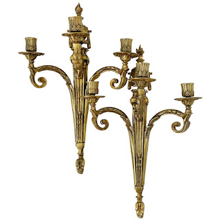 Louis XVI Style Gilt Brass Ram's Head Wall Sconce Pair