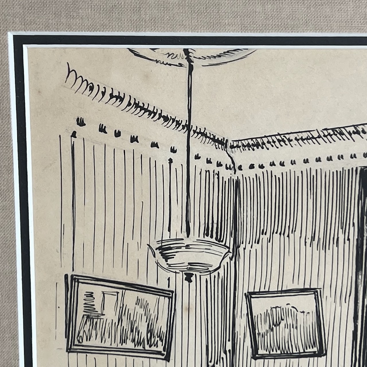 F. Boucher Signed Interior Scene Ink Drawing, 1916