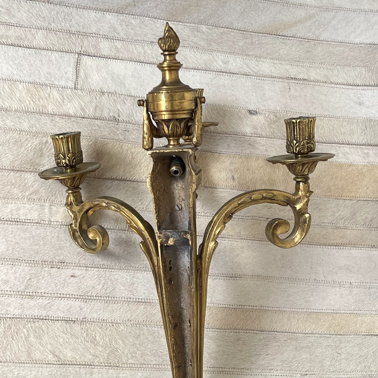 Louis XVI Style Gilt Brass Ram's Head Wall Sconce Pair