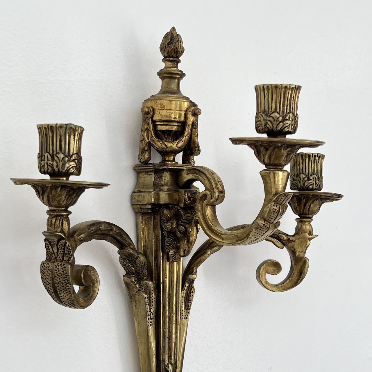 Louis XVI Style Gilt Brass Ram's Head Wall Sconce Pair