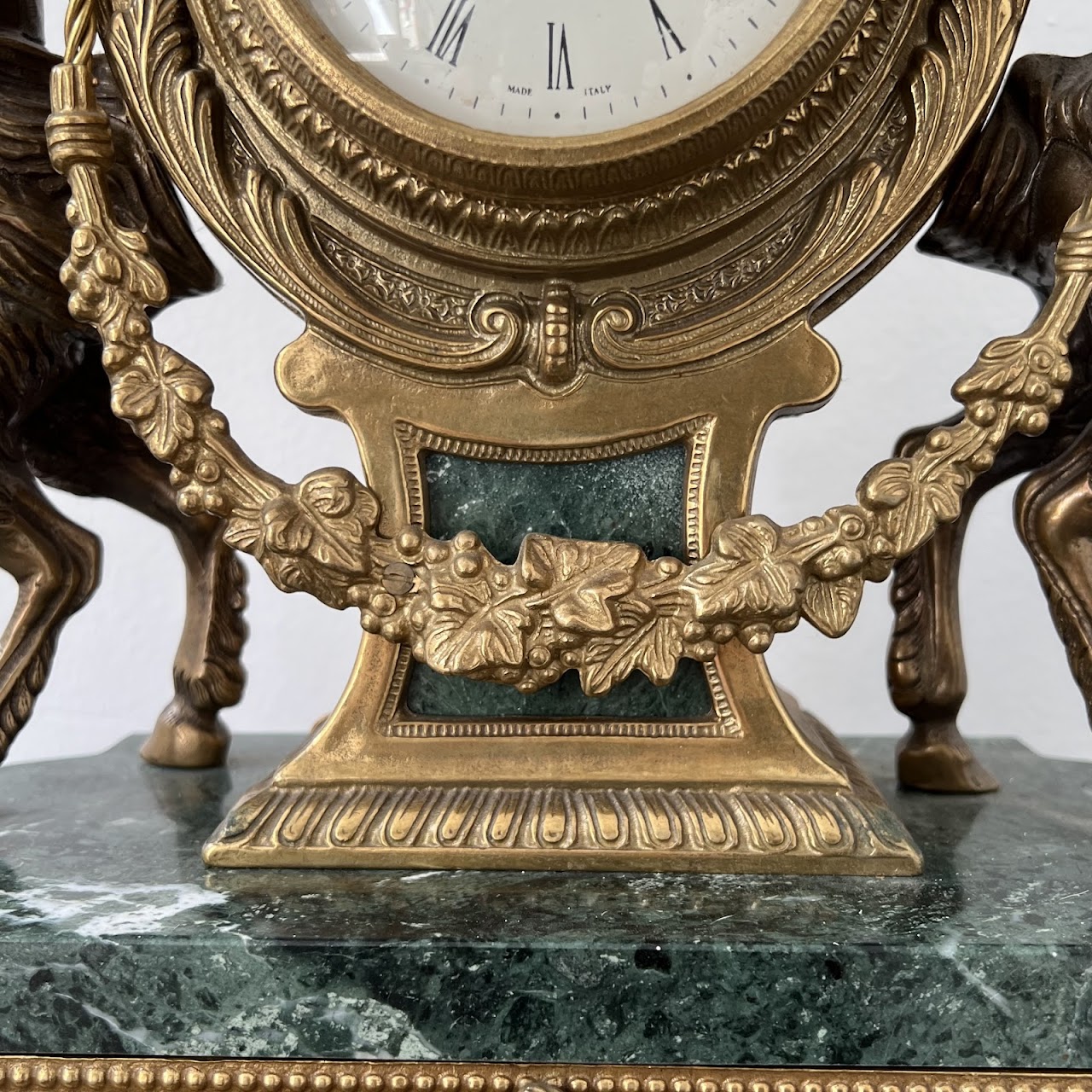 Brevettato Italian Antique Brass and Green Marble Figural Mantel Clock and Candelabra Pair