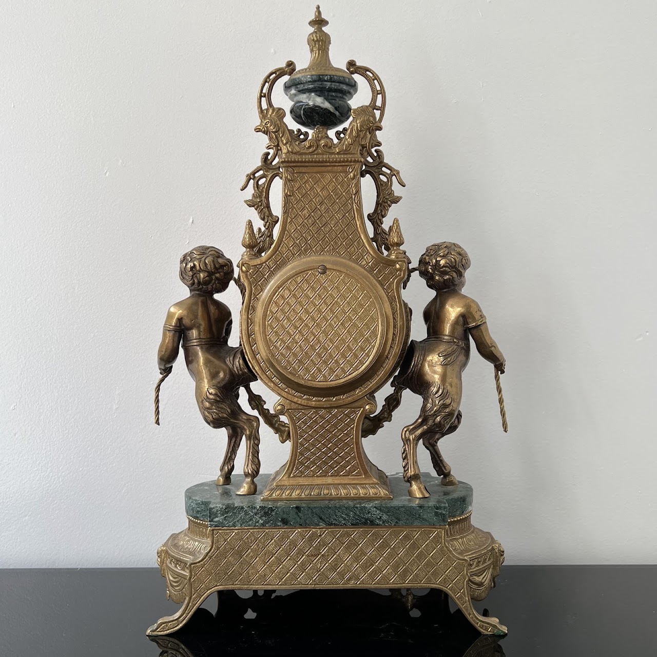 Brevettato Italian Antique Brass and Green Marble Figural Mantel Clock and Candelabra Pair