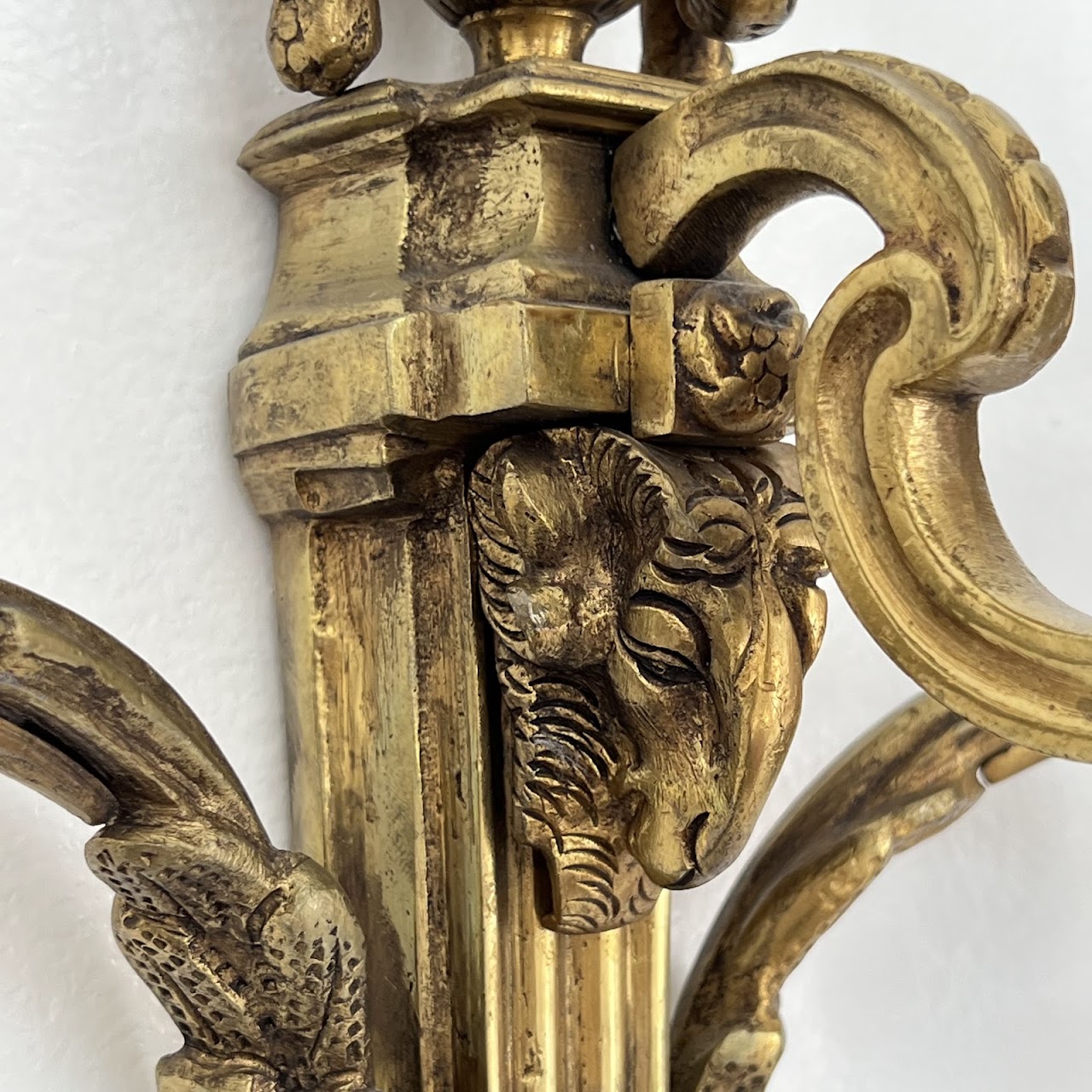 Louis XVI Style Gilt Brass Ram's Head Wall Sconce Pair