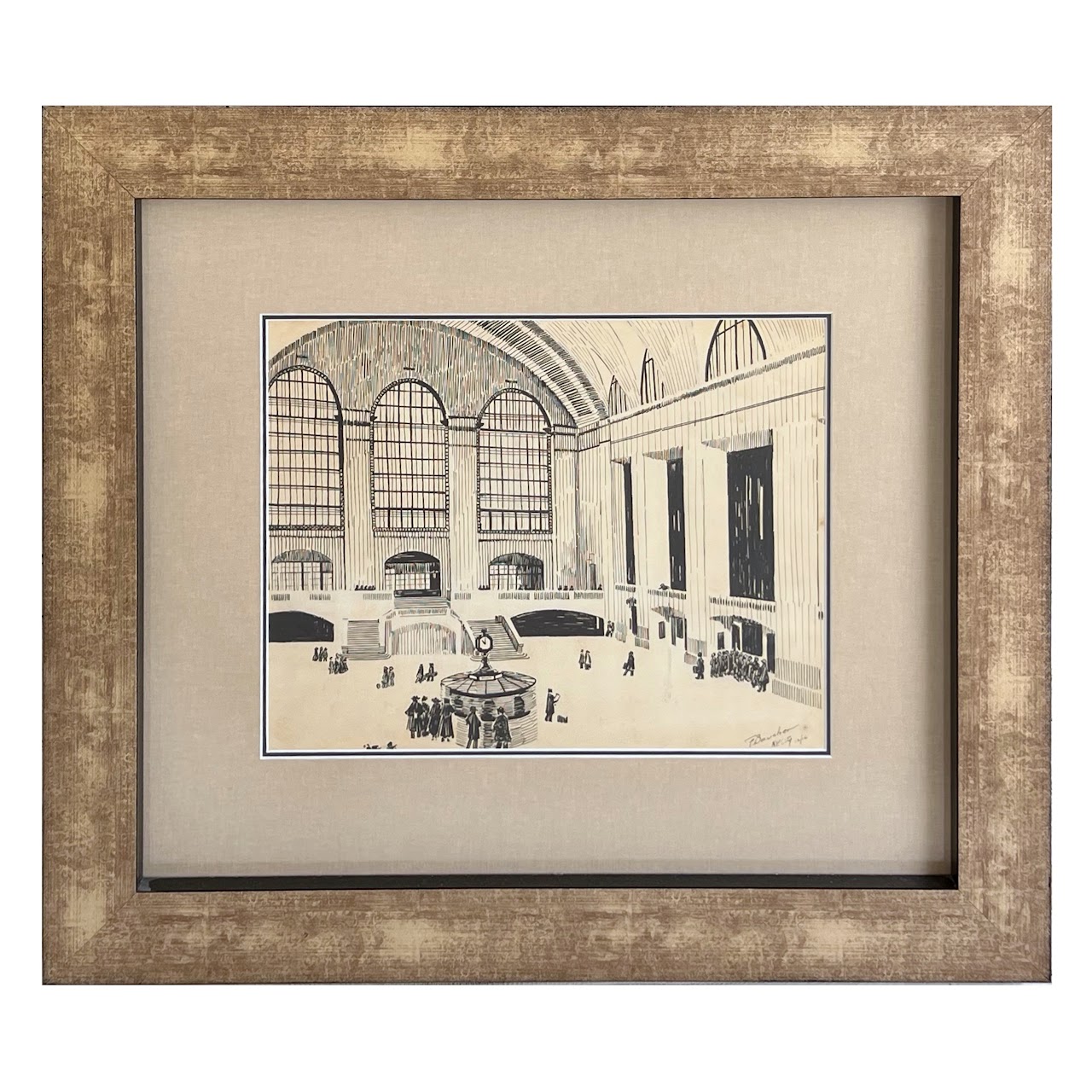 F. Boucher Signed Grand Central Terminal Ink Drawing, 1916