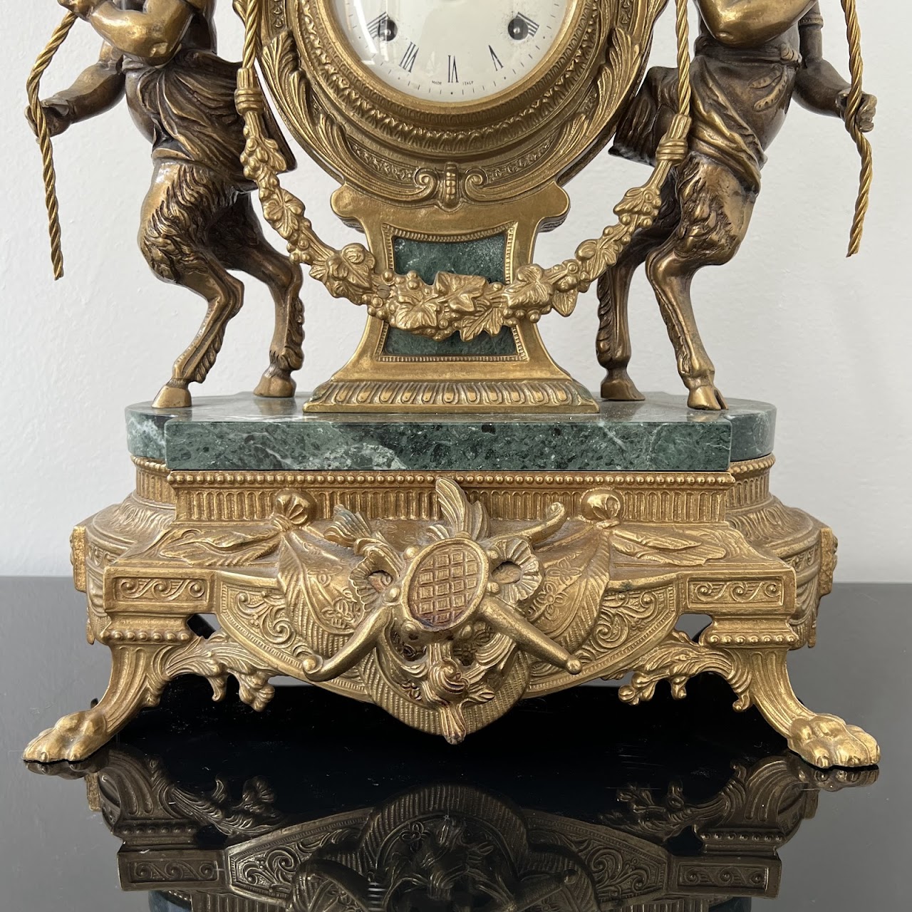 Brevettato Italian Antique Brass and Green Marble Figural Mantel Clock and Candelabra Pair