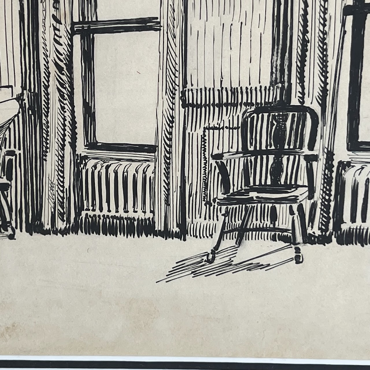 F. Boucher Signed Interior Scene Ink Drawing, 1916