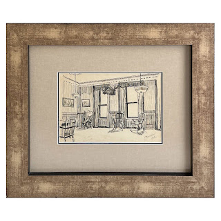 F. Boucher Signed Interior Scene Ink Drawing, 1916