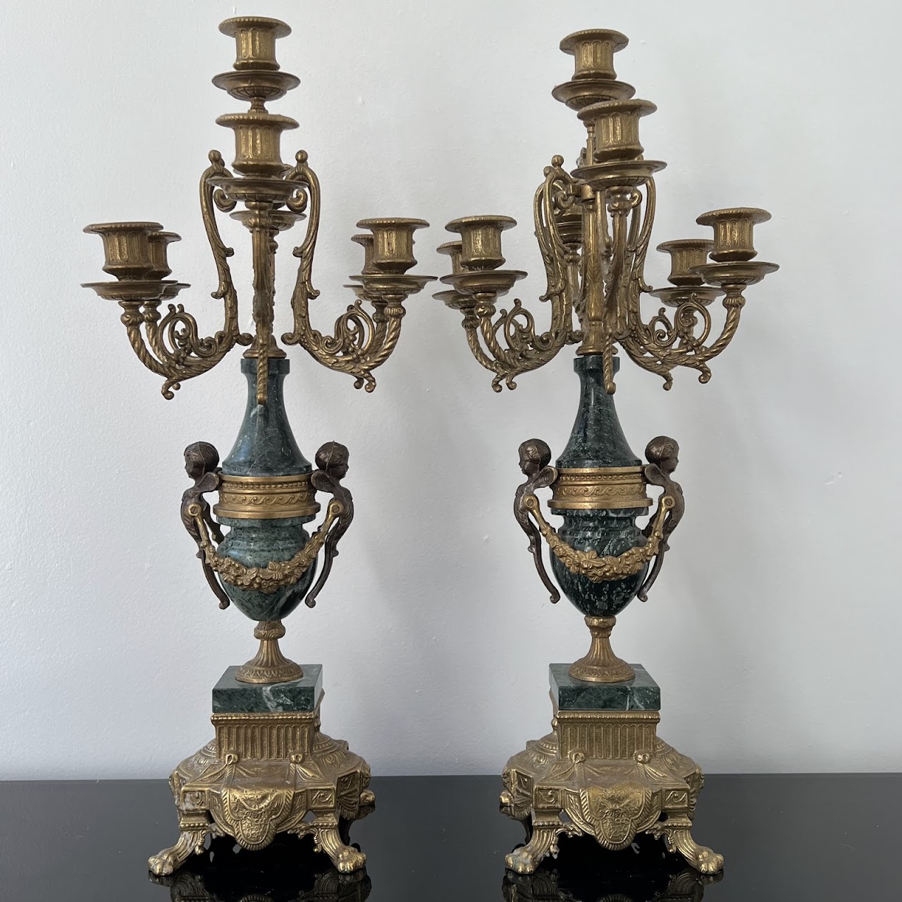 Brevettato Italian Antique Brass and Green Marble Figural Mantel Clock and Candelabra Pair