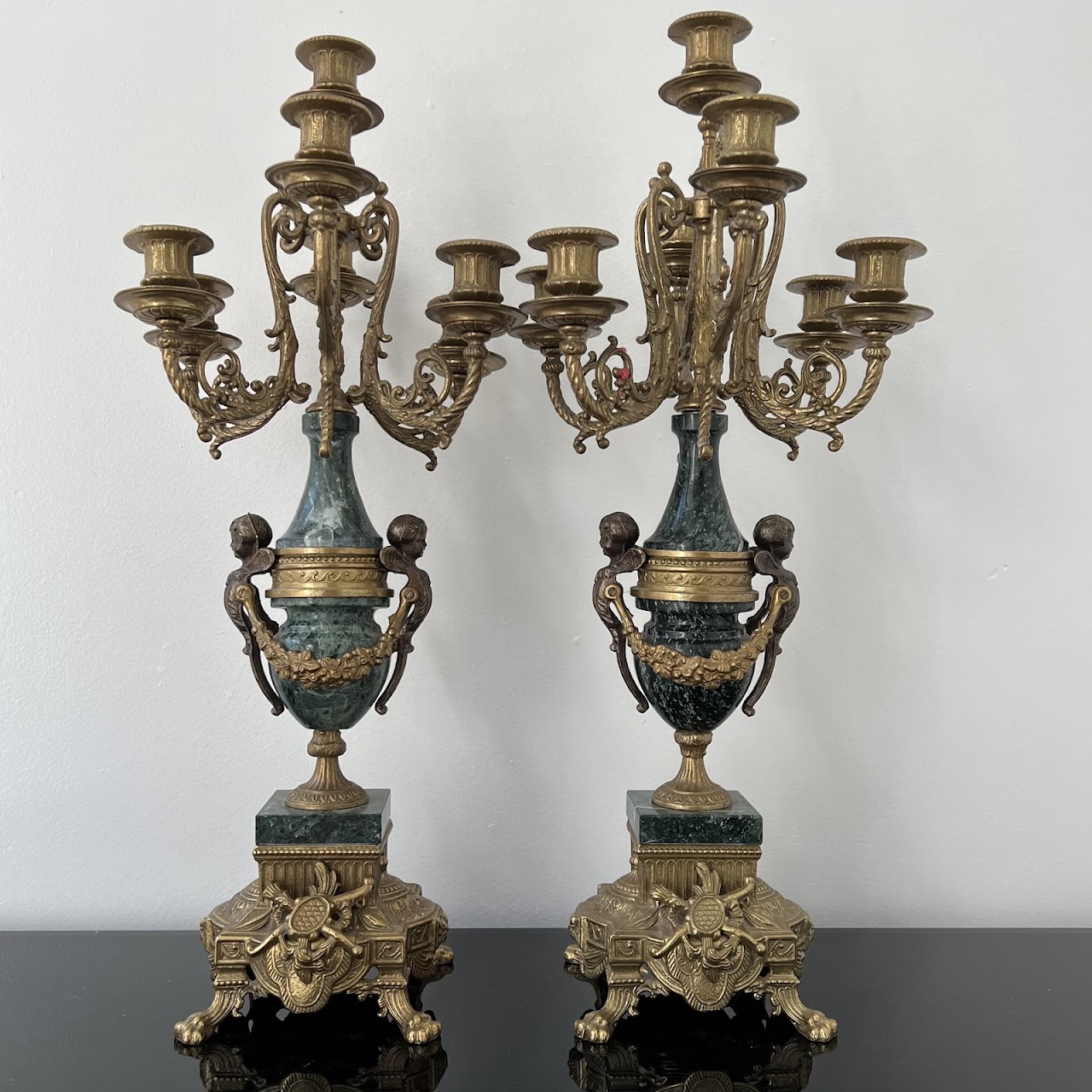 Brevettato Italian Antique Brass and Green Marble Figural Mantel Clock and Candelabra Pair