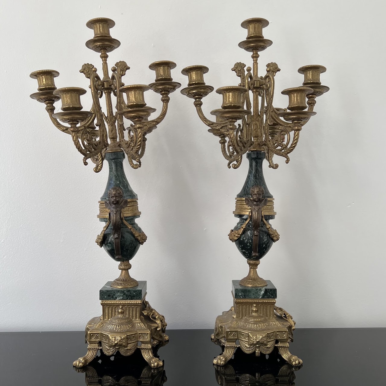 Brevettato Italian Antique Brass and Green Marble Figural Mantel Clock and Candelabra Pair