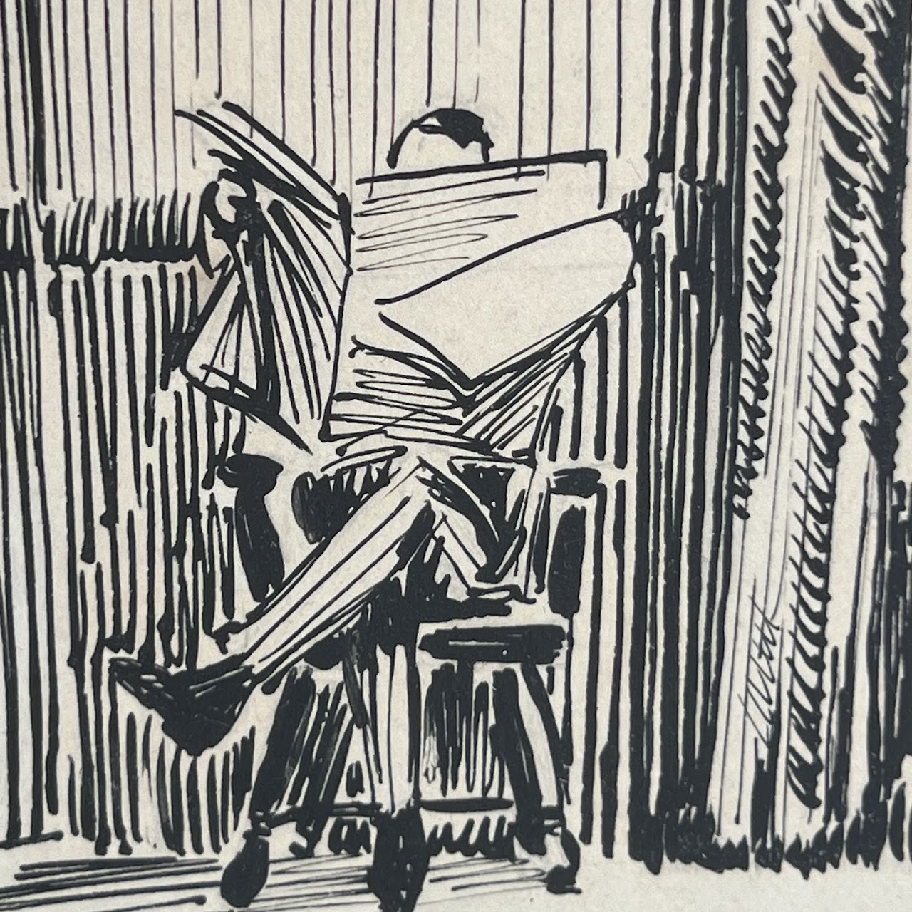 F. Boucher Signed Interior Scene Ink Drawing, 1916