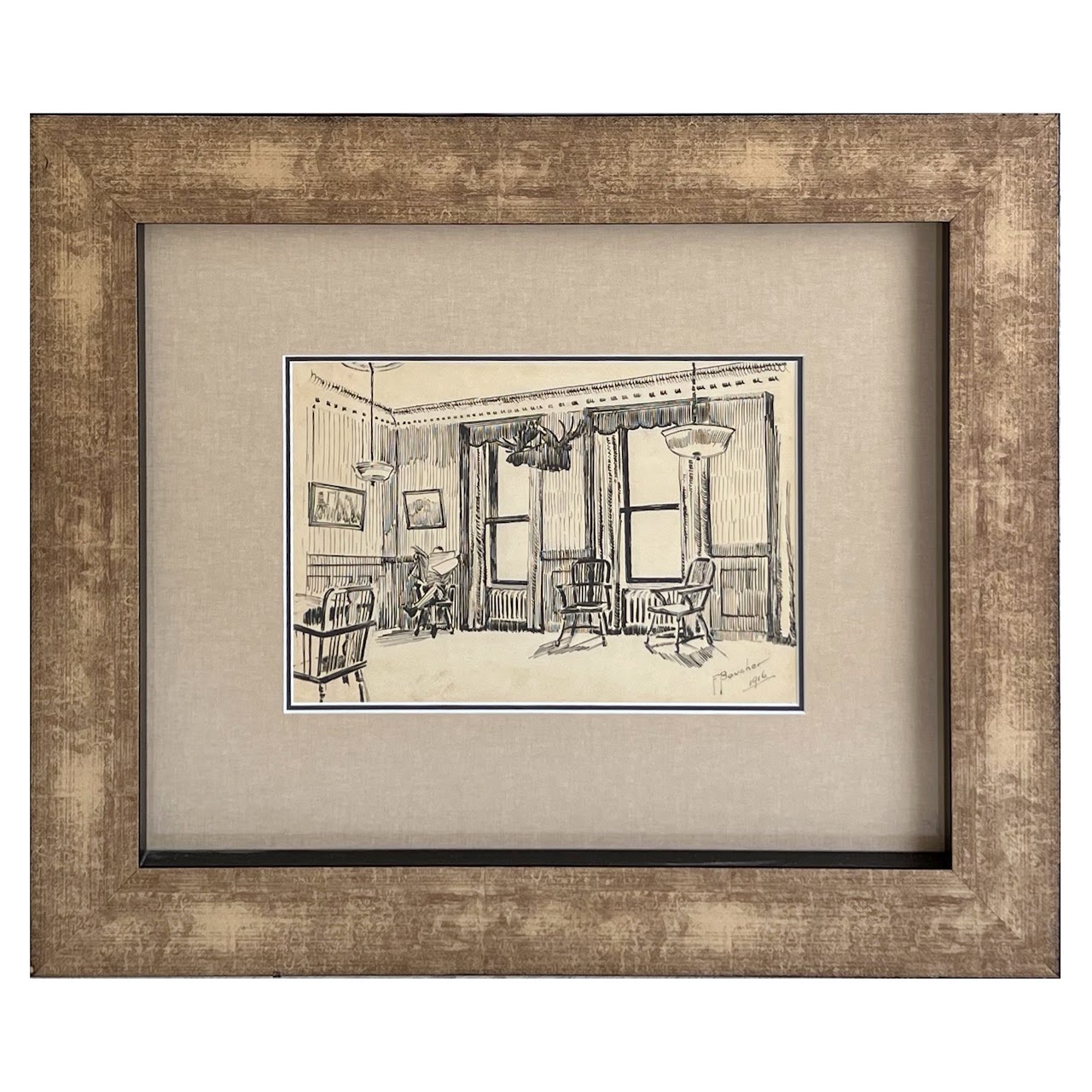 F. Boucher Signed Interior Scene Ink Drawing, 1916