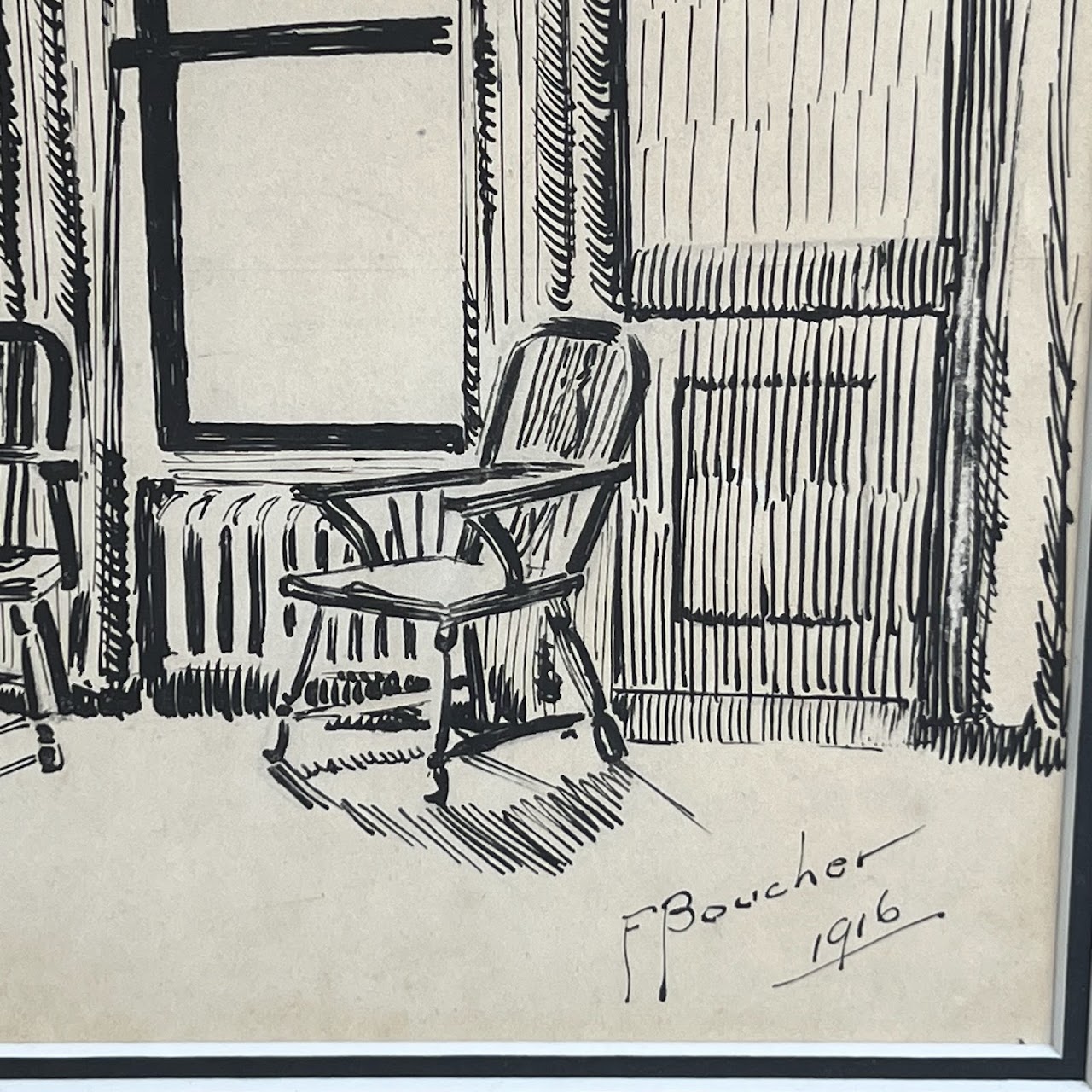 F. Boucher Signed Interior Scene Ink Drawing, 1916