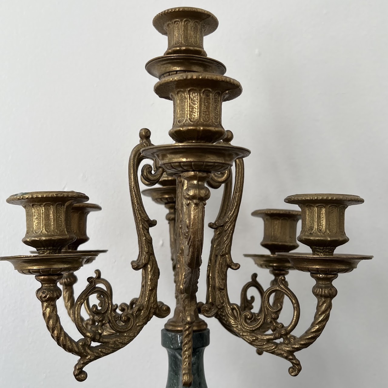 Brevettato Italian Antique Brass and Green Marble Figural Mantel Clock and Candelabra Pair