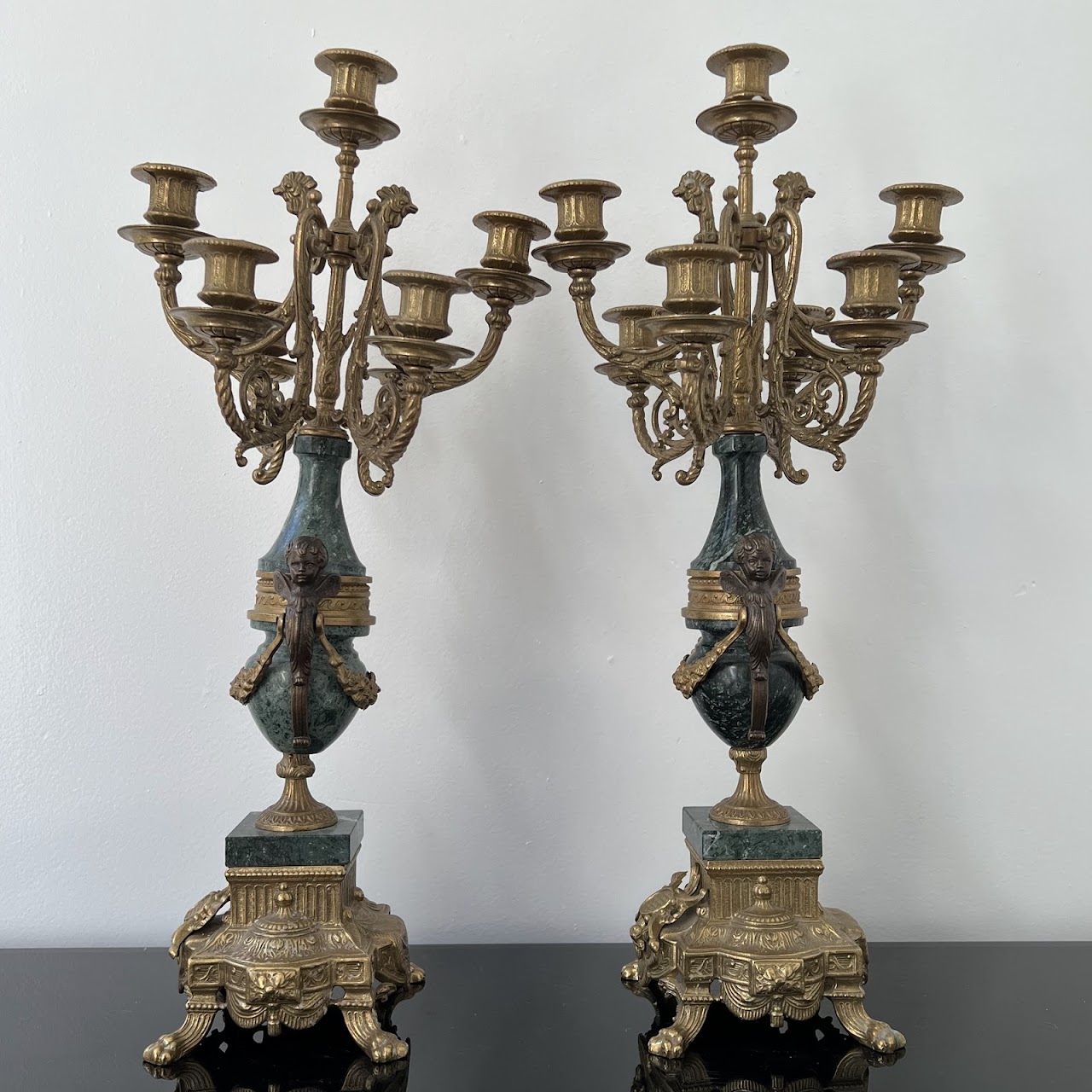 Brevettato Italian Antique Brass and Green Marble Figural Mantel Clock and Candelabra Pair