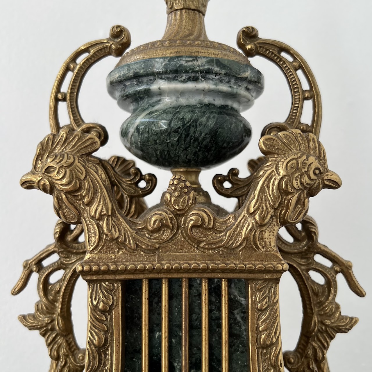 Brevettato Italian Antique Brass and Green Marble Figural Mantel Clock and Candelabra Pair