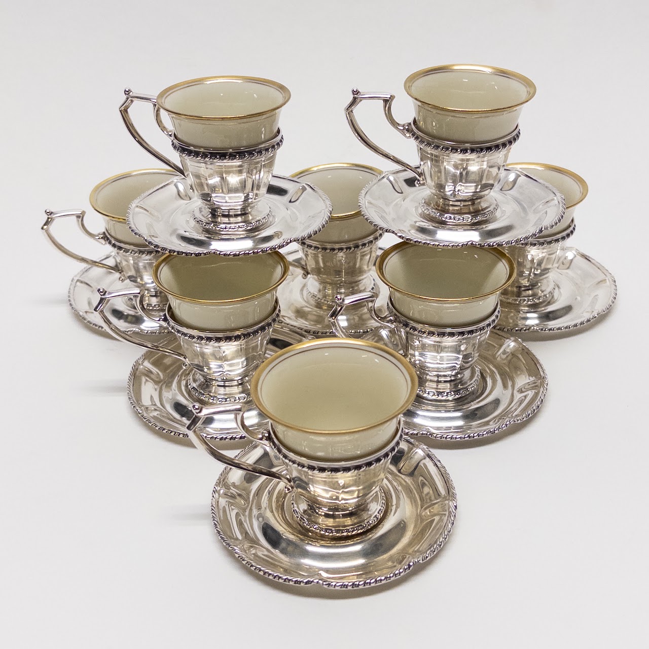 Sterling Silver and Porcelain Set of Eight Espresso Cups