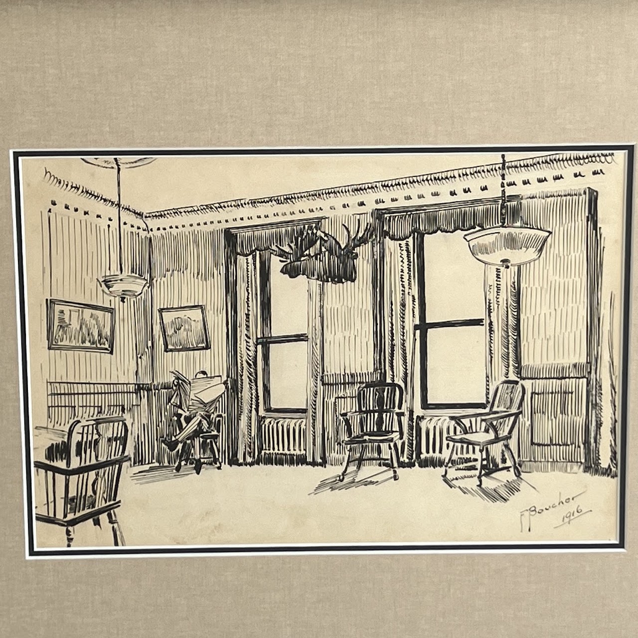 F. Boucher Signed Interior Scene Ink Drawing, 1916