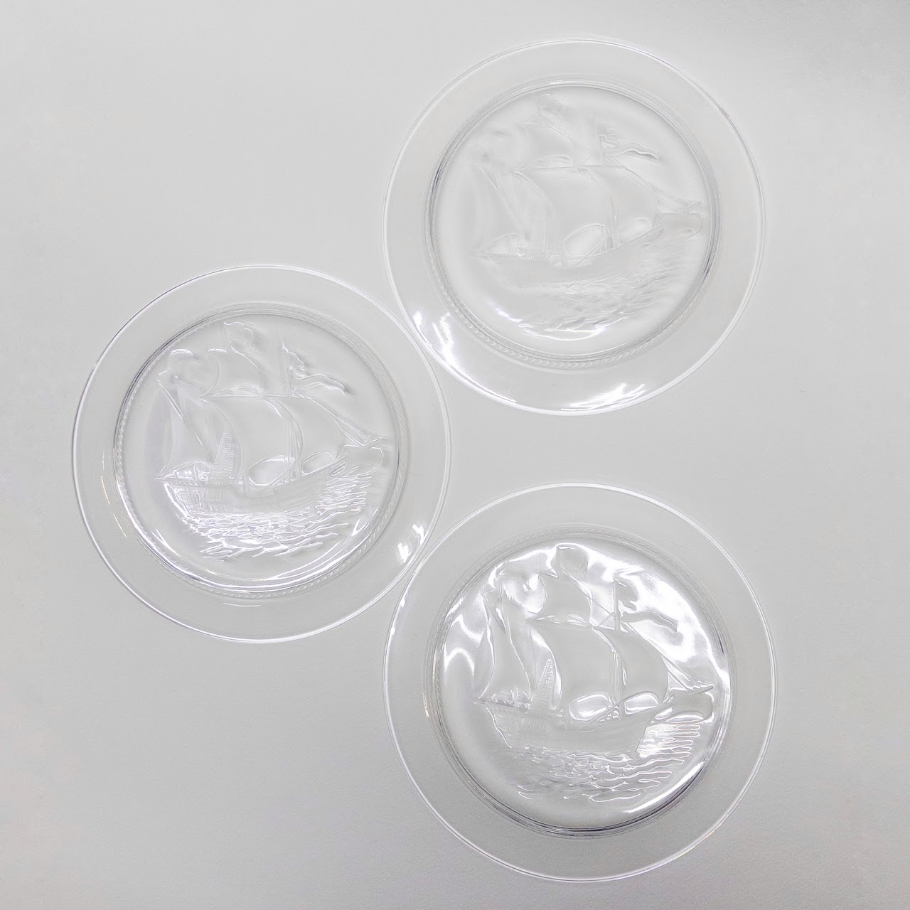 Lalique Crystal Set of Three Ark Royal Ship Plates