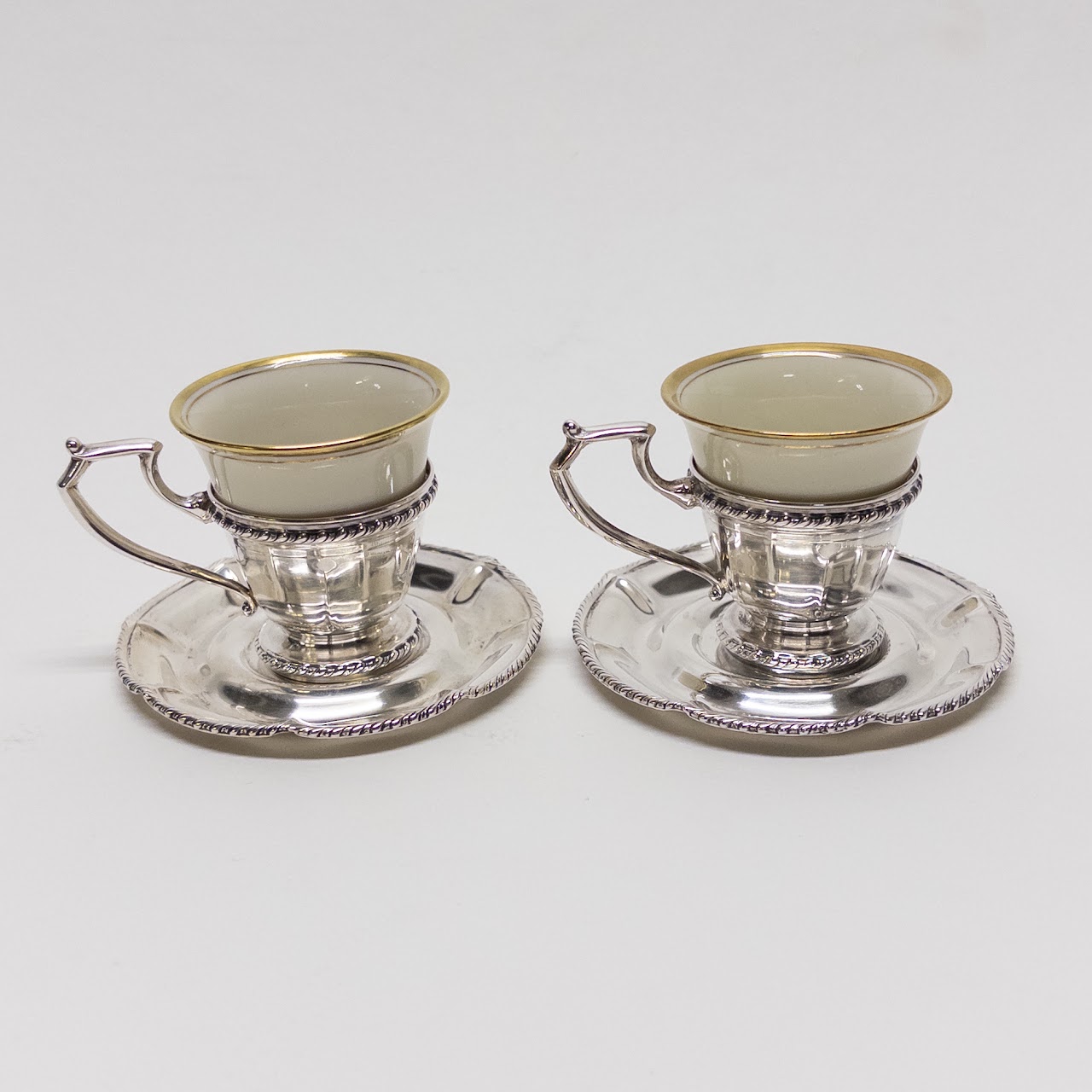 Sterling Silver and Porcelain Set of Eight Espresso Cups