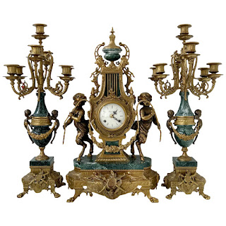 Brevettato Italian Antique Brass and Green Marble Figural Mantel Clock and Candelabra Pair