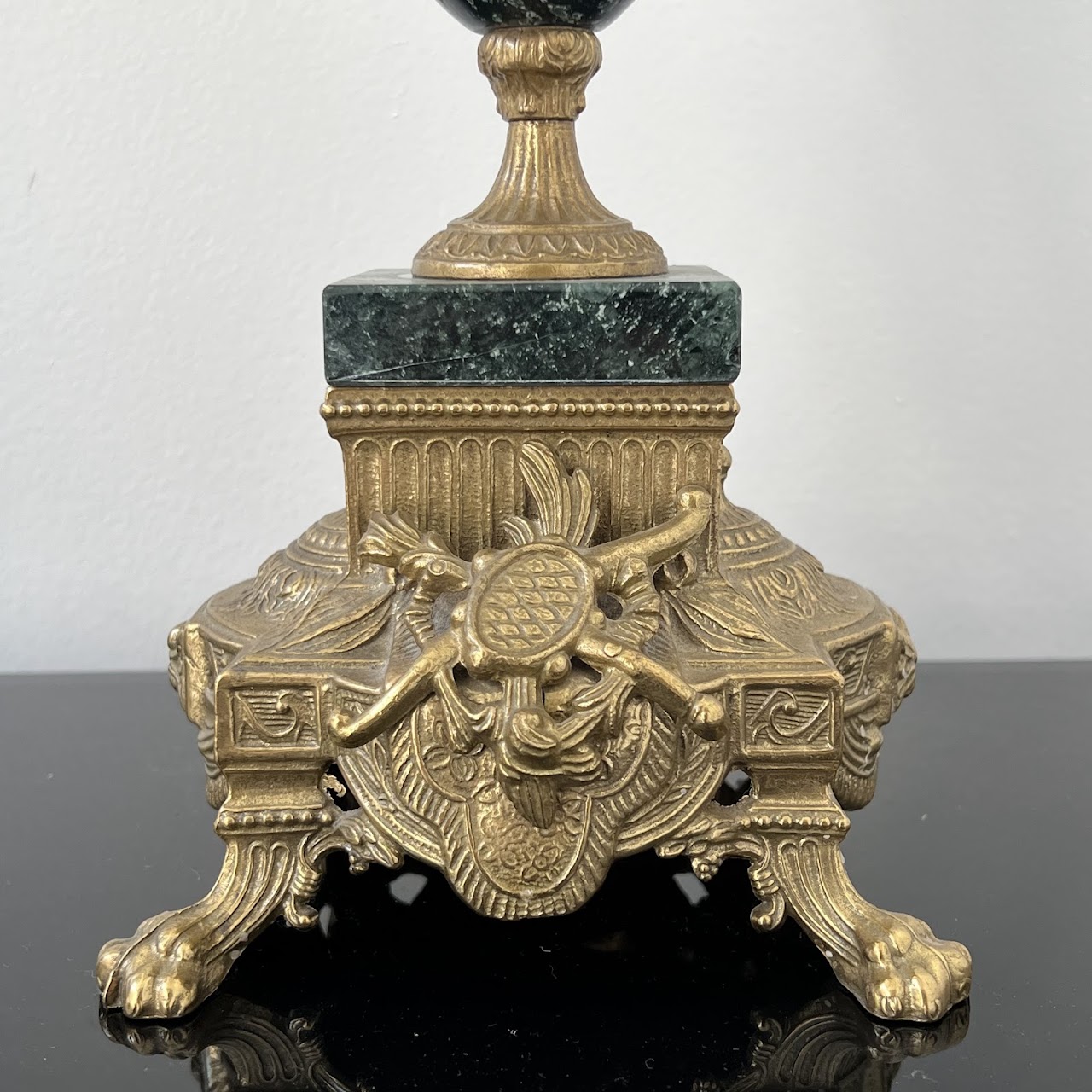 Brevettato Italian Antique Brass and Green Marble Figural Mantel Clock and Candelabra Pair