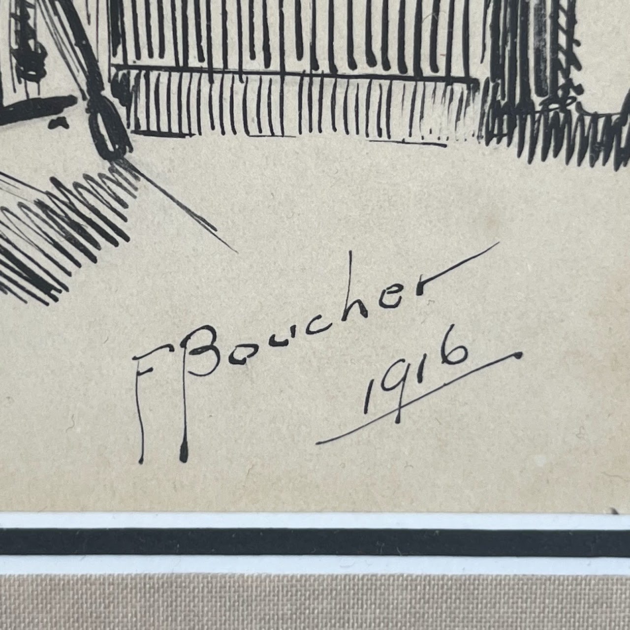 F. Boucher Signed Interior Scene Ink Drawing, 1916