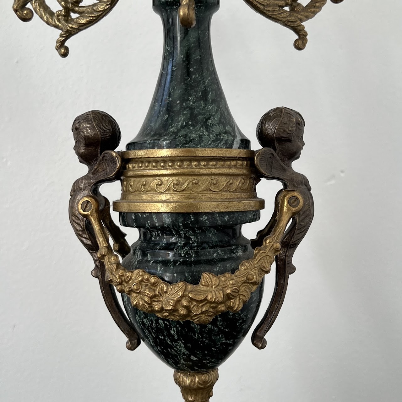 Brevettato Italian Antique Brass and Green Marble Figural Mantel Clock and Candelabra Pair