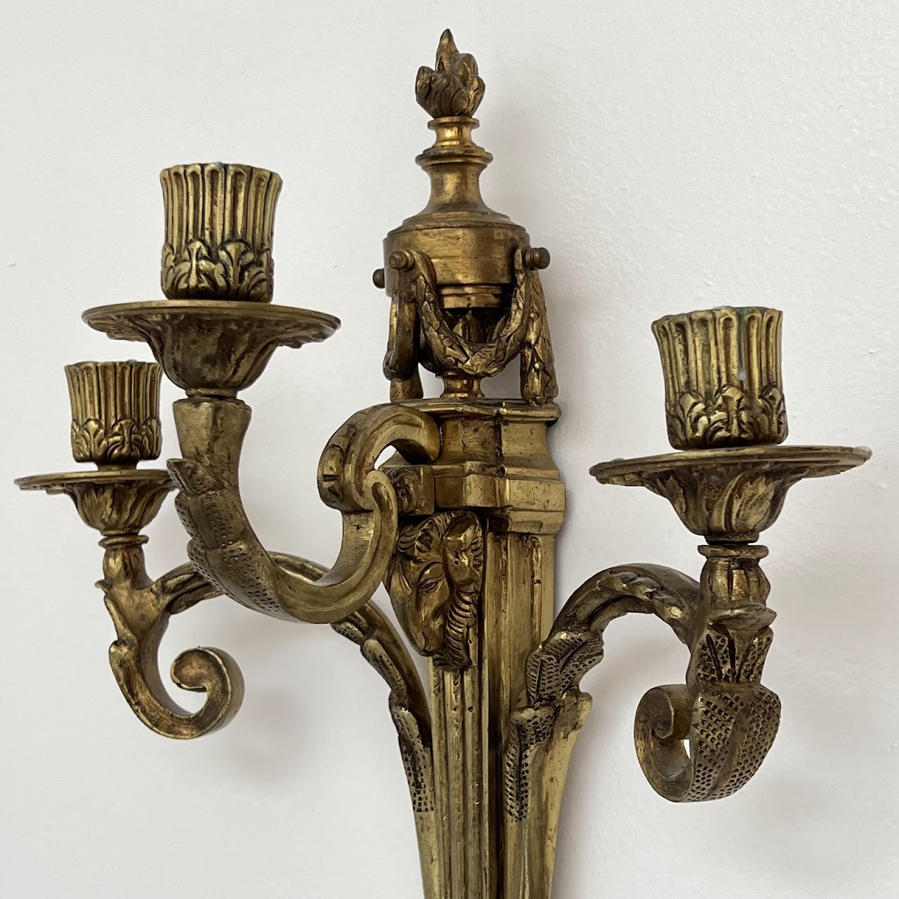 Louis XVI Style Gilt Brass Ram's Head Wall Sconce Pair